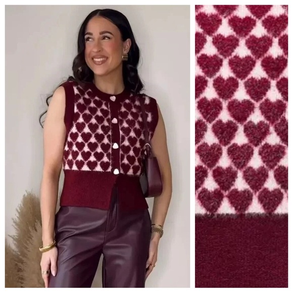NWT. Zara Red/Pink Hearts Jacquard Knit Vest Sleeveless Top. Size L. - Picture 3 of 12